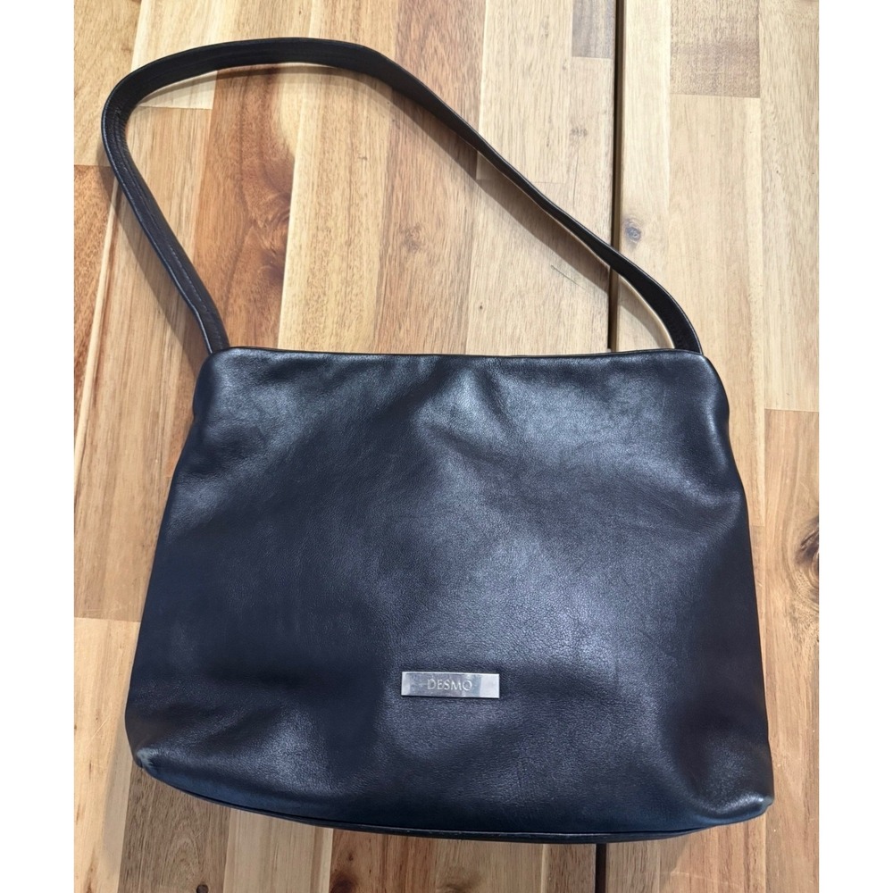 Desmo Black Leather Shoulder Bag Italian Minimalist Silver Logo Plaque Purse